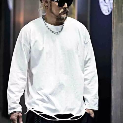 Mens new solid color dilapidated loose fashion long sleeve T-shirt fluorescent versatile Youth Foundation personality