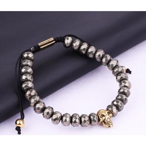 High Quality Beads Men Jewelry Bracelet Natural Stone Pyrite Stainless Steel Skull Charm Braided Bracelet Men