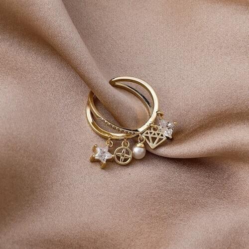 Origin Summer French Open Adjustable CZ Stone Charm Rings for Women Brass Gold Hollow Out Coin Cross Ring Statement Jewelry