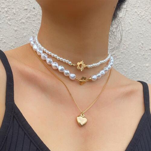 DIEZI Korean Geometric imitation pearl Necklaces Heart Flower Pendant Choker Collar Necklaces Women Wedding 2020 New Jewelry