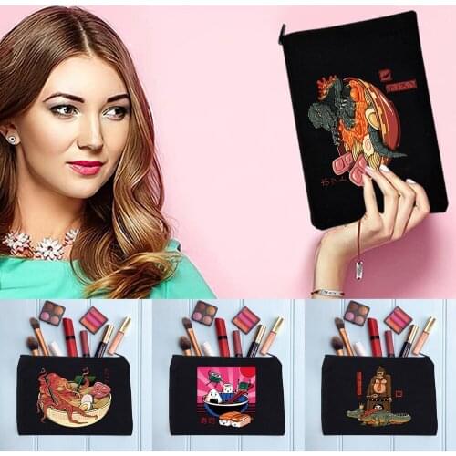 Casual Womens Cosmetic Bag Zipper Makeup Bag Japan Pattern Female Handbags Black Pencil Cases for Office