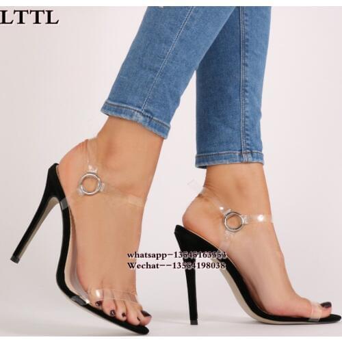 Black Summer Women Sandals PVC Thin High Heel Crystal Clear Transparent Sandals Concise Buckle Ankle Strap Pump Wedding Shoes