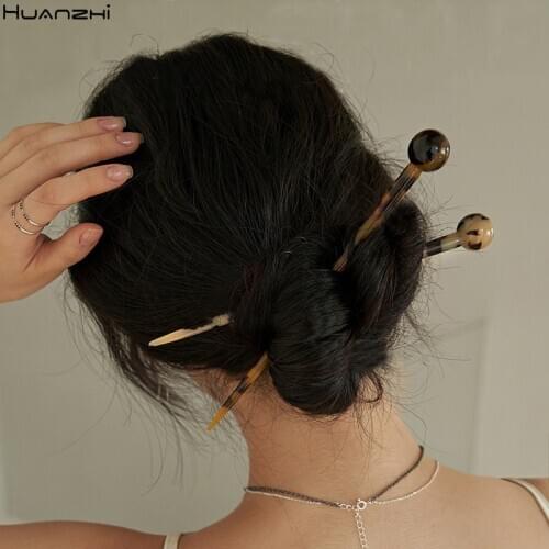 HUANZHI 2020 New Vintage Resin Leopard Print Long Hair Sticks Acetate Sheet Ball Head Hairpins Headwear Accessories for Women