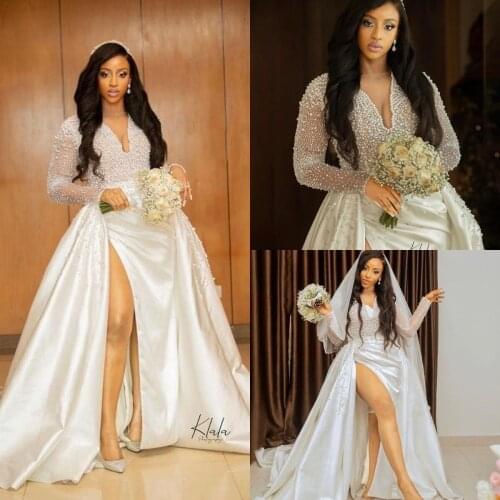 Plus Size Pearls Mermaid 2022 Wedding Dresses Bridal Gowns With Detachable Train Beaded V Neck Long Sleeve Side Split Arabic