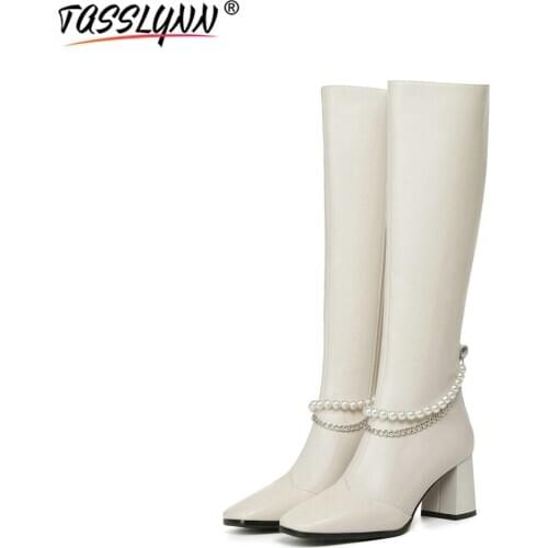 TASSLYNN 2020 Women Knee High Boots Genuine Leather Slip-On Women Shoes Square Toe Thigh High Boots Winter Boots Women