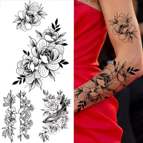DIY Peony Flower Temporary Tattoos For Women Men Adults Dahlia Flora Shark Fake Tattoo Sticker Waterproof Arm Waist Tatoos Decal