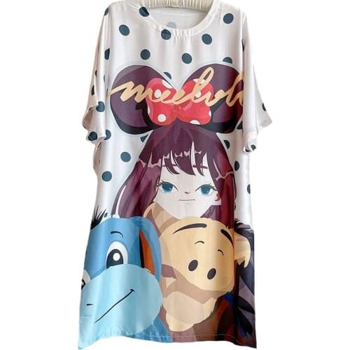 Spring Summer Fashion Bear Print Nightgowns for Women Satin Soft Sleepshirts Plus Size Short Sleeves Silk Casual Loose Nightwear