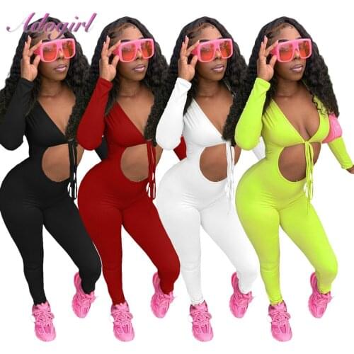 Sexy Hollow Out Lace Up Bandage Party Club Skinny Jumpsuit Women Casual Sports Fitness V Neck Long Sleeve Sport Rompers Overalls