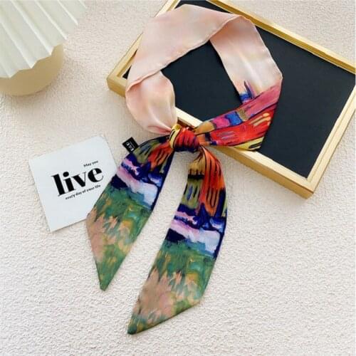 New 6*125cm Floral Print Women Silk Scarf Long Small Foulard Bag Ribbons Kerchief Ladies Tie Wrist Belt Neck Decorative Jewelry