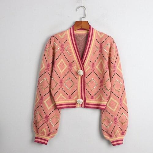 Runway Luxury Lantern Sleeve V-Neck Cardigan 2021 Autumn Winter Retro Diamond Plaid Sequined Loose Knit Sweater Coat Women Top