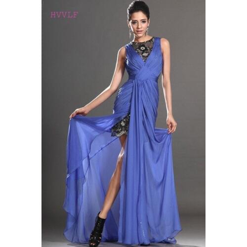 Royal Blue Evening Dresses Sheath High Collar Chiffon Lace Slit Plus Size Long Evening Gown Prom Dresses Robe De Soiree