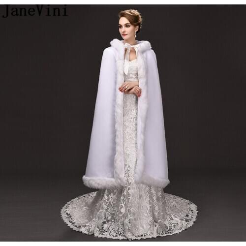 JaneVini Hooded Bride Winter Long Shrugs 1 Meters White Fur Stole Bolero Bridal Wedding Wrap Faux Fur Cape Coat estolas pelo