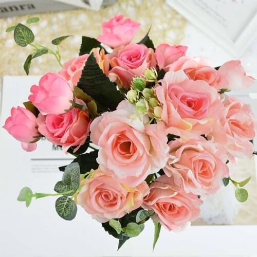 1Bouquet Beautiful Silk Rose Bouquet Artificial Flowers Wedding Valentines Day Gift for Home Living Room Table Decor Fake Flower