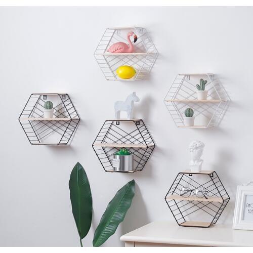 1PC New Nordic style Wooden Iron Art Hexagon Dubble Storage Rack Wall Hanging Home Organizer Shelf Holder Decoration Tool JL 260