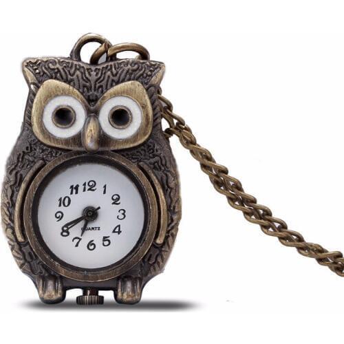 100pcs/lot 0024# owl style vintage bronze pocket watch wrap quartz big size pocket watch with necklace chain
