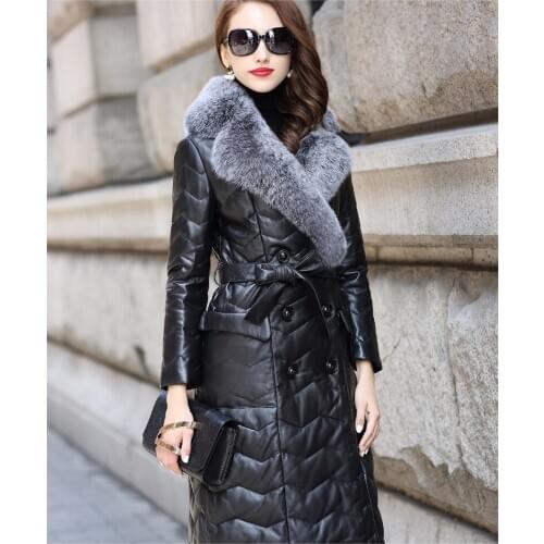 Free Shipping New Genuine Lamb Leather Jacket X-Long Womens Down Coat with Fox Fur Collar Sheepskin Wholesale Retail OEM