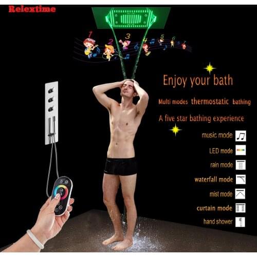 Bluetooth Speaker System Nozzel Light LED Ceiling Shower Head Wall Mount Concealed Thermostatic Shower Panel Faucet Mixer Shower