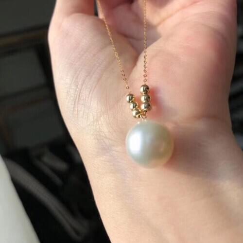 D814 Pearl Necklace Fine Jewelry Solid 18K Gold 11-12mm Fresh Water White Pearls Pendants Necklaces for Women Presents