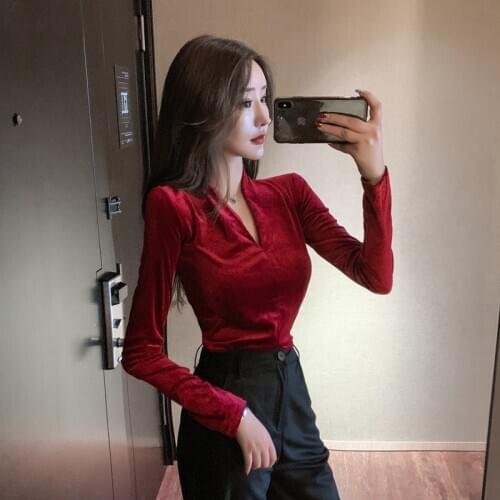 New Spring Women V-neck T Shirt Tees Warm Thick Velvet T-Shirts Female Bottoming Long Sleeve Tops