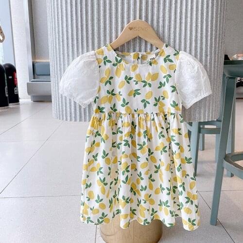 2021 New Girls Dress Summer Kids New Korean Clothes Children Lemon Print Puff Sleeve Princess Dresses Vestidos Baby Outfits