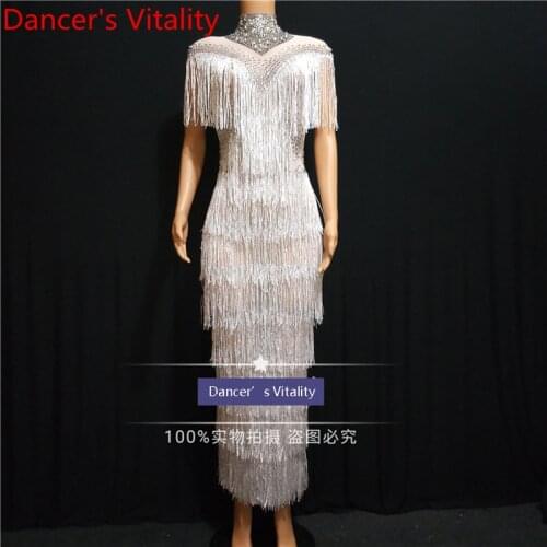 New Women Singer DJ DS Pole Jazz Guest Sexy Rhinestone Tassel Elastic Sleeveless Dress Adult Stage Wear Performance Costume Suit