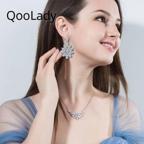 QooLady Top Quality White Fancy Leaf Cubic Zirconia Crystal Necklace and Drop Earrings Fashion Women Jewelry Sets Gift S069