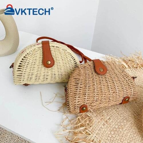 Beach Shoulder Bow Bags Handbag Women Summer Vacation Woven Semicircle Shoulder Messenger Bag Retro Ladies Purse