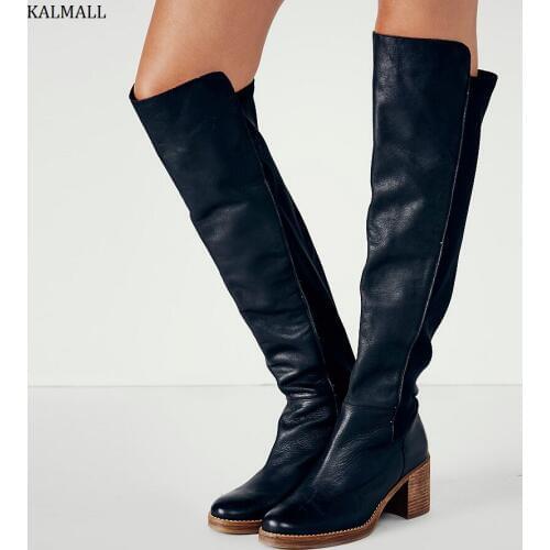 KALMALL Botas Mujer Stretch Leather Over-The-Knee Boots Winter Women Thigh High Boots Rome Style Block Heels Women Long Boots