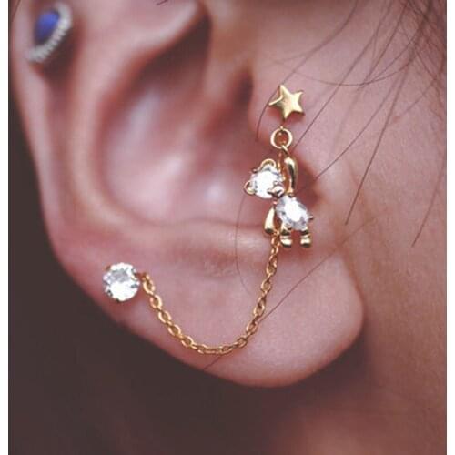 Double Piercings Bear Tragus Stud Earring For Women 2021 Luxury Gold Plated Zircon Cubic Korean Flat Helix Cartilage Earring