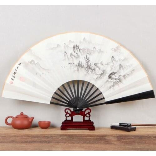 12.96 inches Mens daily large folding fan Bamboo and wood print personalized hand fan Home decoration gift craft folding fan