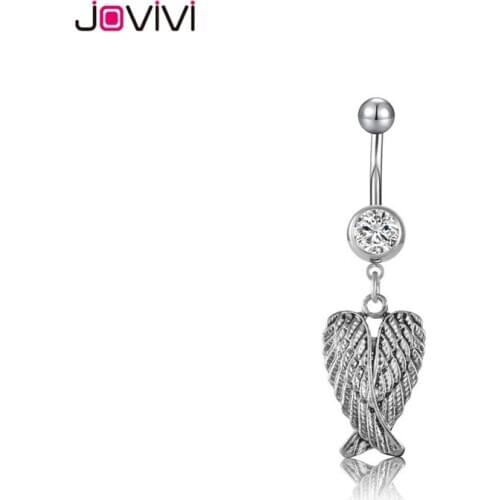 Jovivi 14Ga Stainless Steel Czech Crystal Black Dark Angel Wing Vintage Cool Belly Button Body Piercing Belly Ring Girl Women