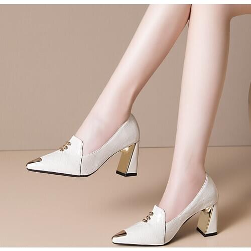 2021 New Women Pumps Black High Heels 7.5cm Lady Pu Leather Thick with Autumn Pointed Single Shoes Female Sandals Big 34-40