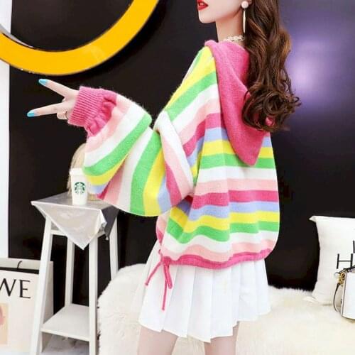 2021 New Winter Spring Womens Sweater Short Loose Rainbow Striped Pullover Lazy Hoodies Student Cropped Fashion Cute Sweater