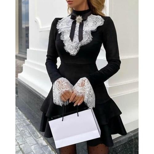 2021 Women Fashion Elegant Sexy Long Sleeve Lace Bell Sleeve Ruffle Dress OL Classic Romantic Patchwork Mini Dress
