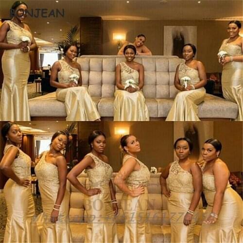 Gold African Bridesmaid Dresses 2021 One Shoulder Lace Top Floor Length Bridesmaid Dress Plus Size for Women Wedding