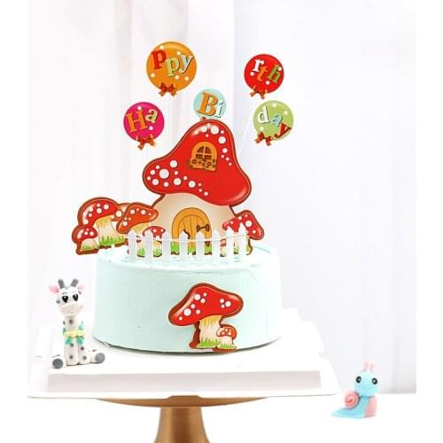 8pcs Cake Toppers Mushroom House Birthday Cake Insert Cake Decoration Baking Card Birthday Bake Decoration for Kids Baby Shower