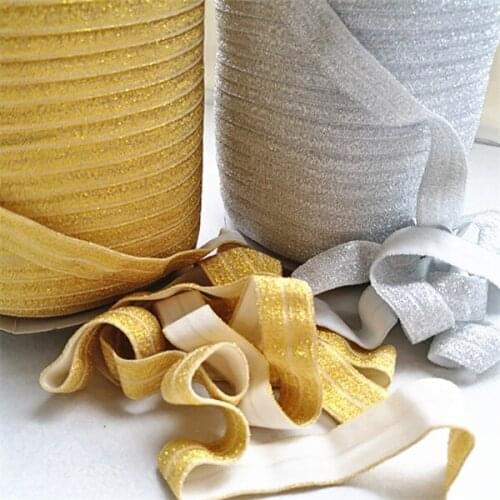 Free shipping 100 yard glitter gold and silver foldover elastic solid 5/8inch 16mm ribbon