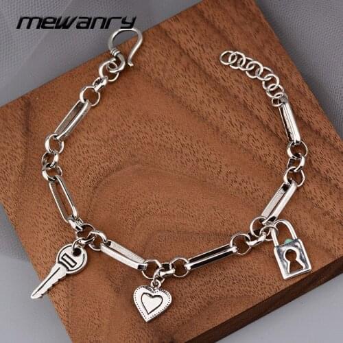 MEWANRY 925 Sterling Silver Bracelets for Women New Trendy Elegant Punk Vintage Couples Simple Key Lock LOVE Heart Party Jewelry