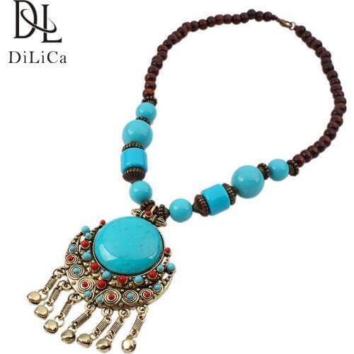 DiLiCa Ethnic Bohemian Necklace Pendant Big Beads Tassel Pendants Necklaces Women Vintage Necklace Jewelry Ketting hanger