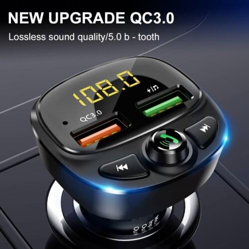 Car BT5.0 Wireless FM Transmitter MP3 Player 12-24V Audio Receiver Dual QC3.0 USB Fast Charging with Mic USB/TF Supported