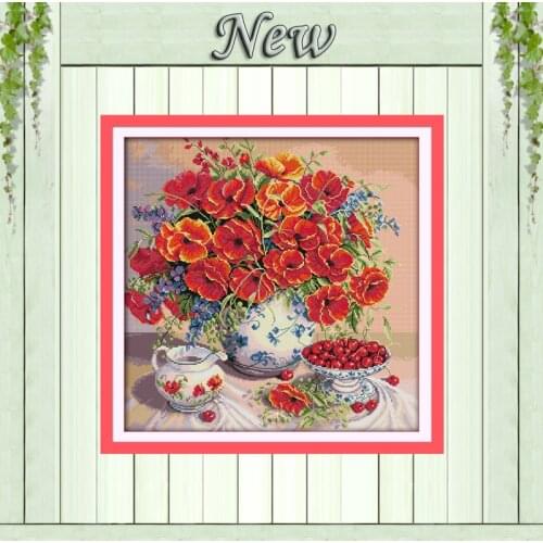 Poppy and cherry flowers decor paintings counted printed on canvas DMC 11CT 14CT kits DIY Cross Stitch embroider needlework Sets