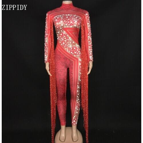 Fashion Red Fringes Rhinestones Jumpsuit Stage Bodysuit Celebrate Dance Tassel Costume Leggings Women Singer Dancer Outfit