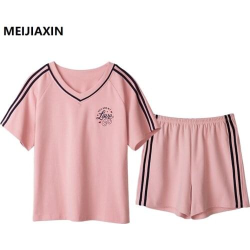 Summer Knitted Cotton Women Pajamas Set Short Sleeve Round Neck Sleepwear Casual Soft Sweet Big Size Female Homewear Clothing