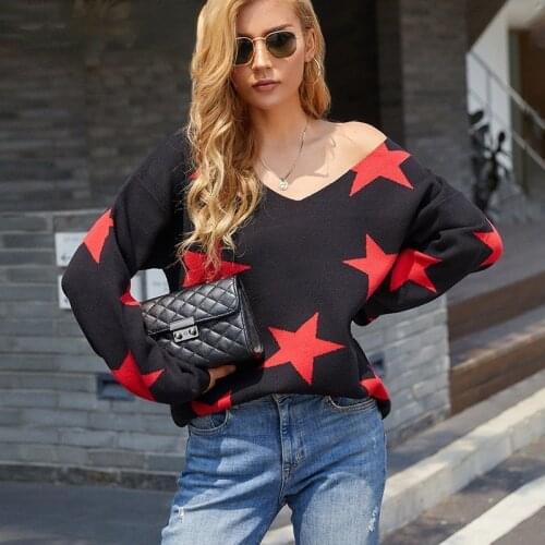 Fashion Womens V-neck Five-pointed Star White Sweater Casual Printing Womens Fall/winter 2021 New Loose Orange Sweater