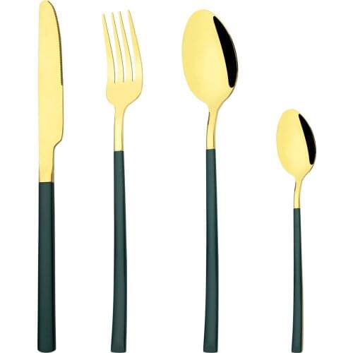 4Pcs Stainless Steel Dinnerware Set Green Gold Cutlery Set Knife Fork Coffee Spoon Tableware Kitchen Flatware Wedding Silverware