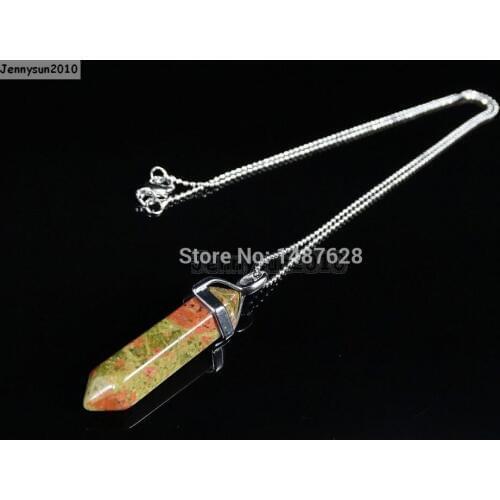 Natural Unakite Gems Stones Hexagonal Pointed Healing Reiki Chakra Pendant Beads Silver 17'' Chain Necklace 5 Sets/Pack