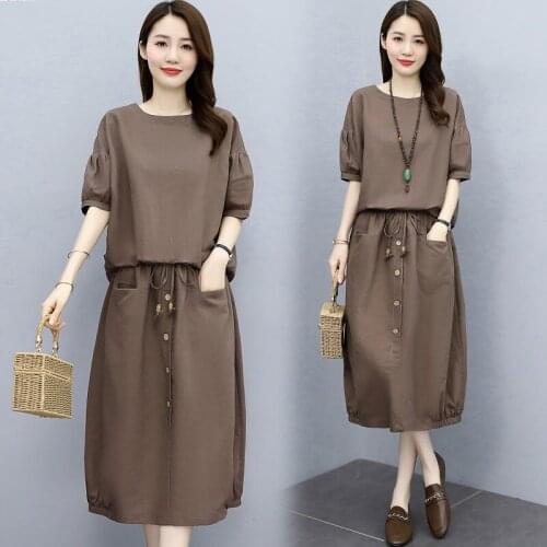 2021 New Cotton Linen Skirt Two-Piece Women Summer Plus Size Ladies T-Shirt Top Piece Set Loose Linen Suit Skirt Female A351