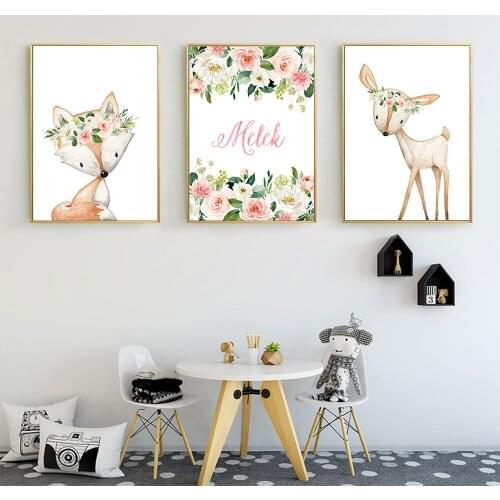 Fox Deer Woodland Animal Print Custom Name Canvas Poster Pink Flower Painting Nursery Wall Art Pictures Baby Girl Room Decor