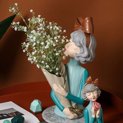Nordic Modern Home Resin Girl Holding Vase Statue Cartoon Dried Flower Decoration For Living Room Bedroom Dining Table Ornaments