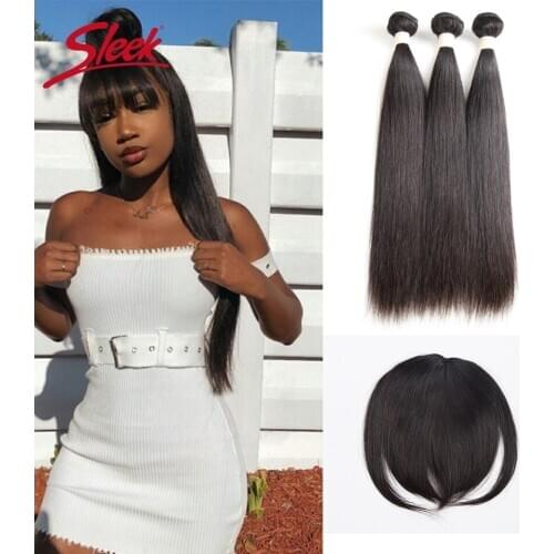 Sleek Peruvian Straight Human Hair Bundles With Clip Bang 100% Human Hair Natural Color 3 Bundles With Clip Bang Free Shipping